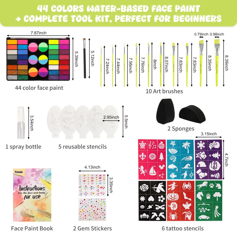 Pintada 44 Color Face Painting Kit for Party - Non Toxic Water Activated Face Paint Palette with Stencils, Brushes, Gems & Glitter. Halloween, Carnival; Costume Makeup for Creative Activities - Image 2