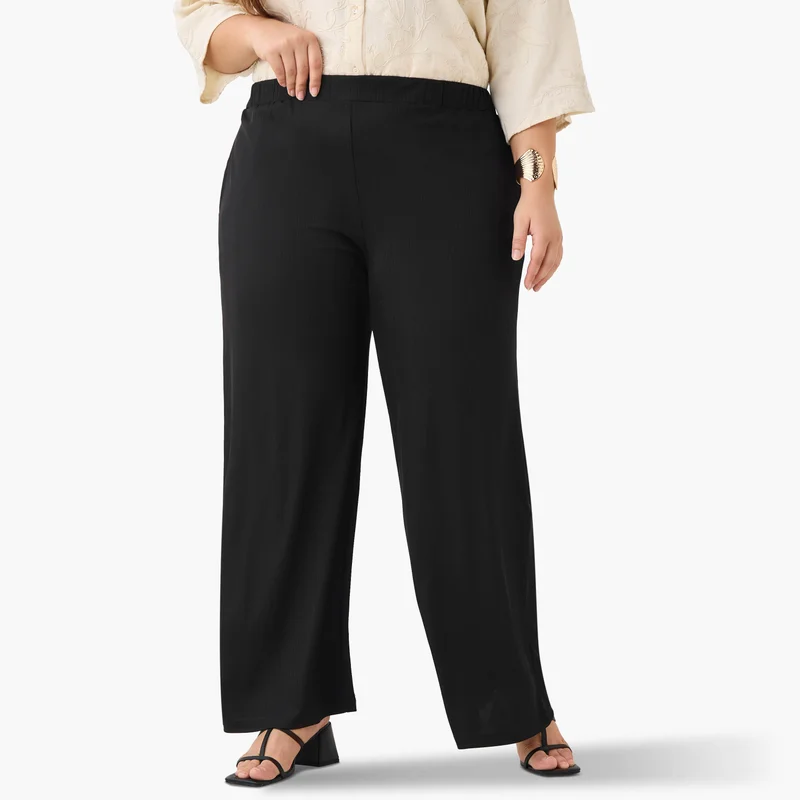 Ulla Popken Plus Size Ulla Popken Plisse Wide Leg Pants
