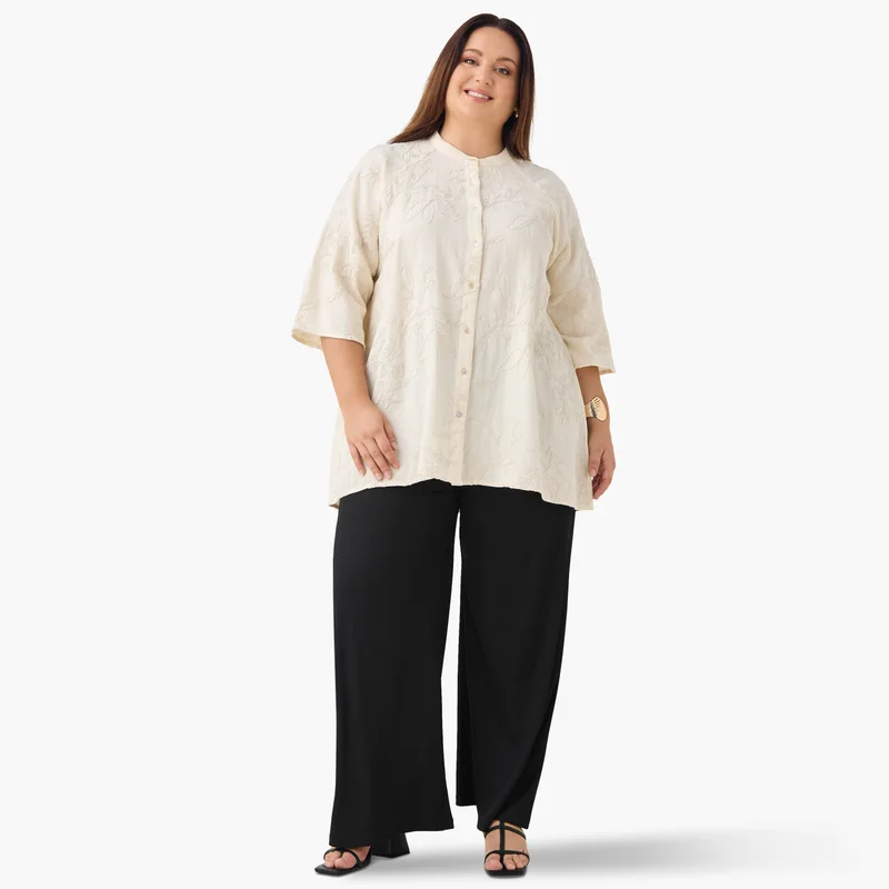 Ulla Popken Plus Size Ulla Popken Plisse Wide Leg Pants
