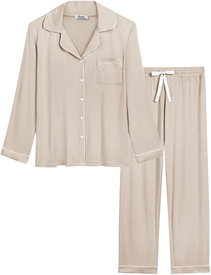 Joyaria Womens Button Down Pajamas Set Long Sleeve Bamboo Viscose Pjs Set(Cream,L) - Image 1