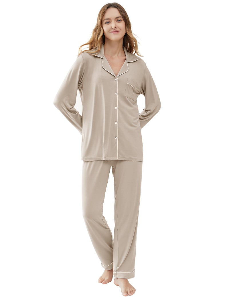 Joyaria Womens Button Down Pajamas Set Long Sleeve Bamboo Viscose Pjs Set(Cream,L) - Image 2