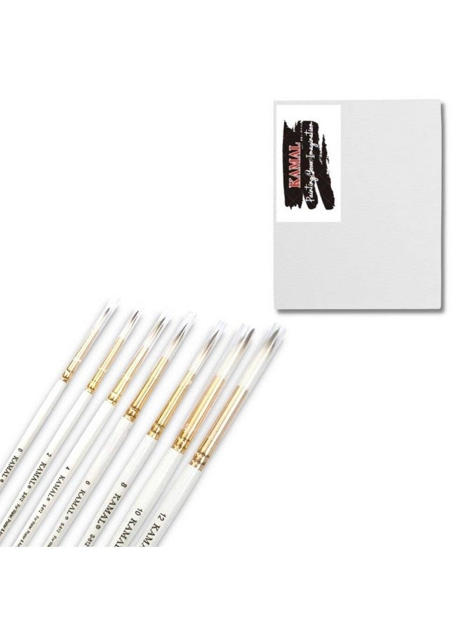 Kamal Combo of Round White-Brown Synthetic Hair Brushes for Oil, Nail, Artist Acrylic Painting - Set of 7 with Cotton Canvas Board Medium Grain 10 X 12 Inch Set of 1 4MM MDF Board - Image 1