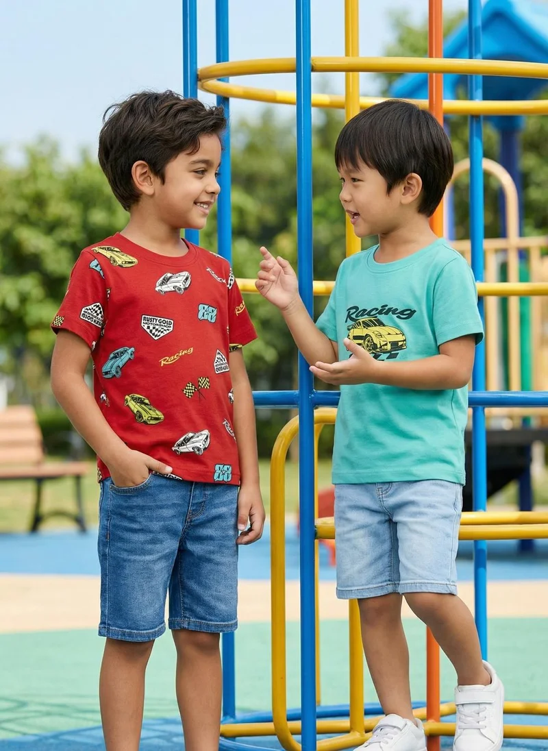 نوتيناتي Nautinati Boys' 100% Cotton Pack of 2 Racing Graphic & All-over Print Crew Neck T-shirts