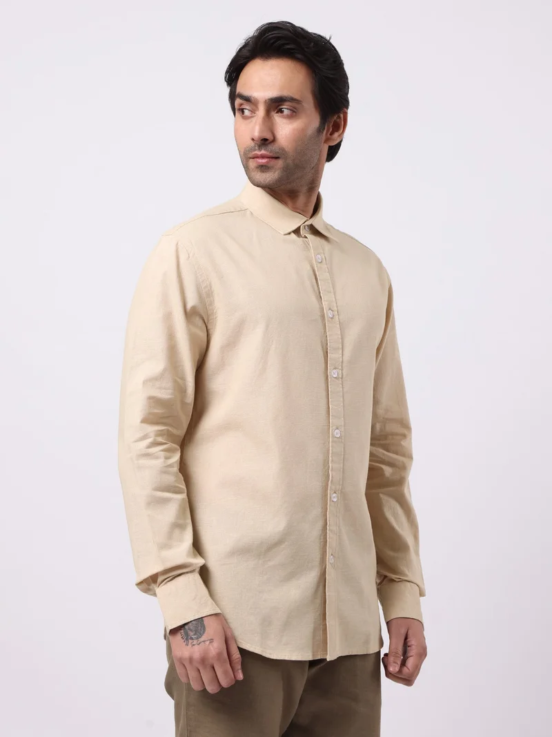 Maniac  Maniac Solid Mens Collared Neck Full Sleeve Cotton Linen Beige Shirt for Men | Best Price UAE
