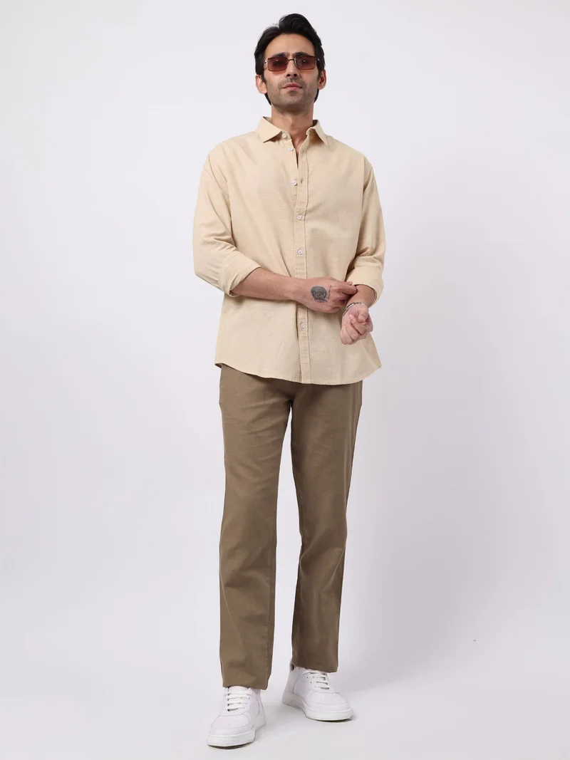 Maniac  Maniac Solid Mens Collared Neck Full Sleeve Cotton Linen Beige Shirt for Men | Best Price UAE