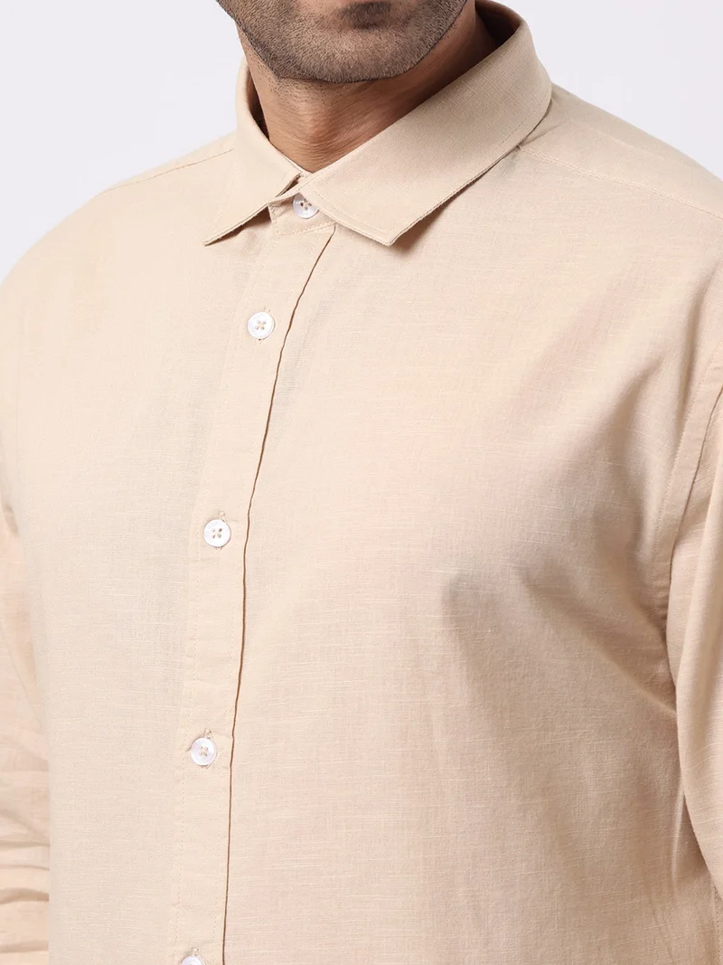 Maniac  Maniac Solid Mens Collared Neck Full Sleeve Cotton Linen Beige Shirt for Men | Best Price UAE