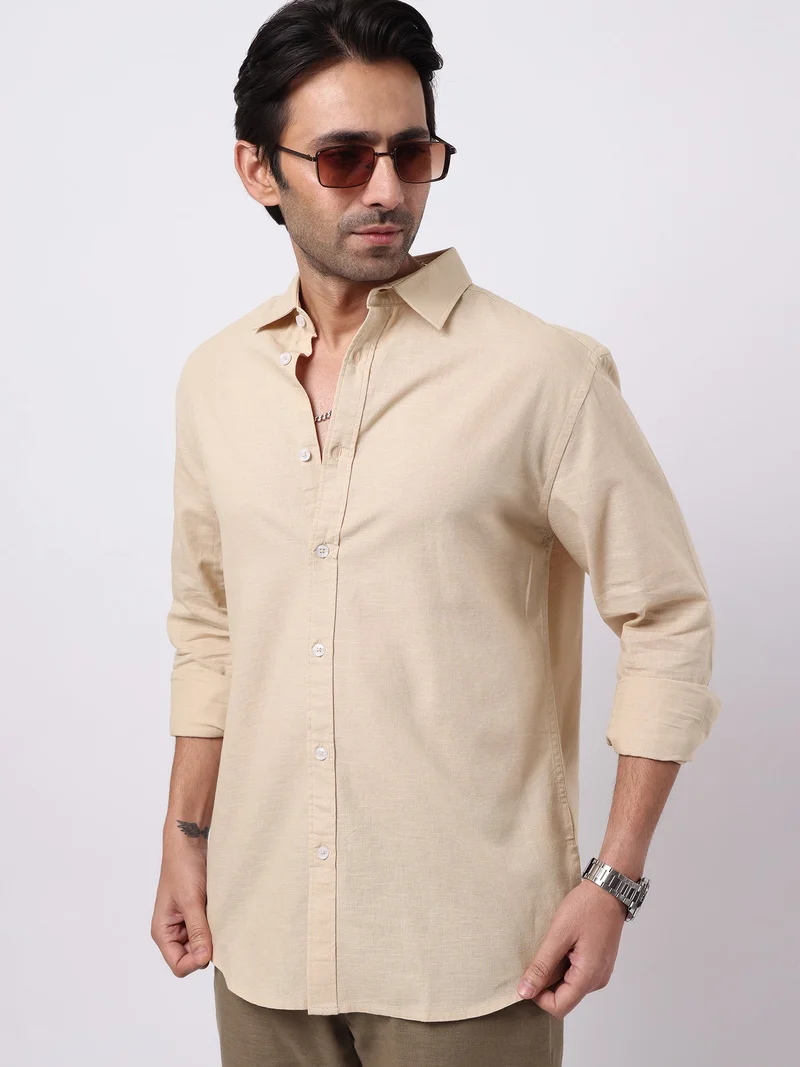مانياك Maniac Solid Mens Collared Neck Full Sleeve Cotton Linen Beige Shirt
