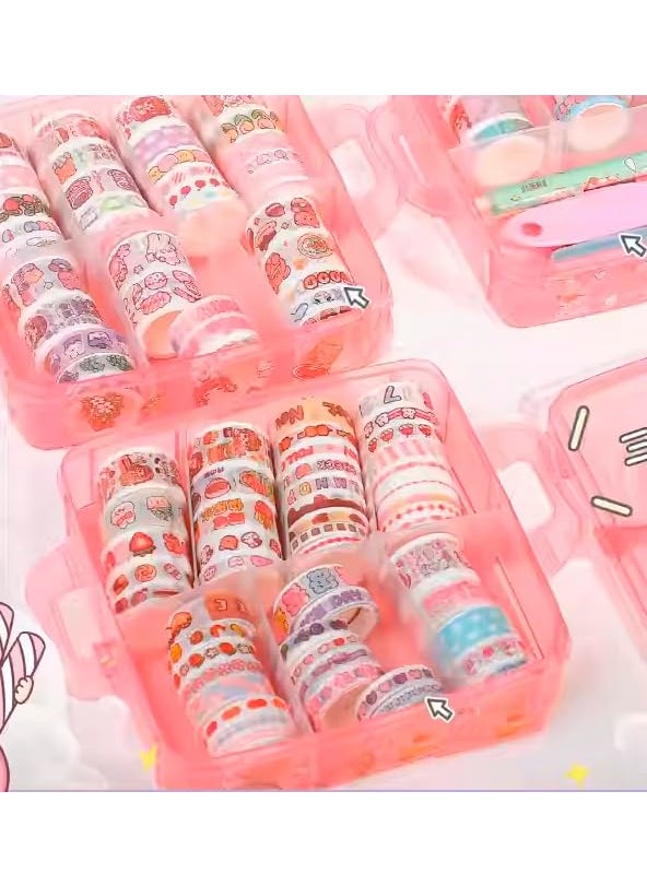 Weshopaholic Shopaholic Washi Tape Set 100 Pcs Designer Decorative Gift Packing Tape Masking Tapes with 20 Pcs Kawaii Stickers Tweezer Pen and Spatula in 3 Layer Box Tapes for Art Craft Pink  - Image 3