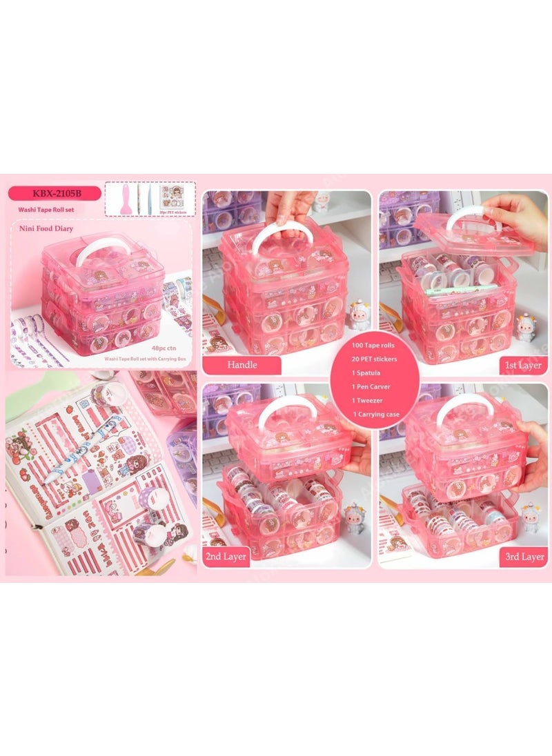 Weshopaholic Shopaholic Washi Tape Set 100 Pcs Designer Decorative Gift Packing Tape Masking Tapes with 20 Pcs Kawaii Stickers Tweezer Pen and Spatula in 3 Layer Box Tapes for Art Craft Pink  - Image 4