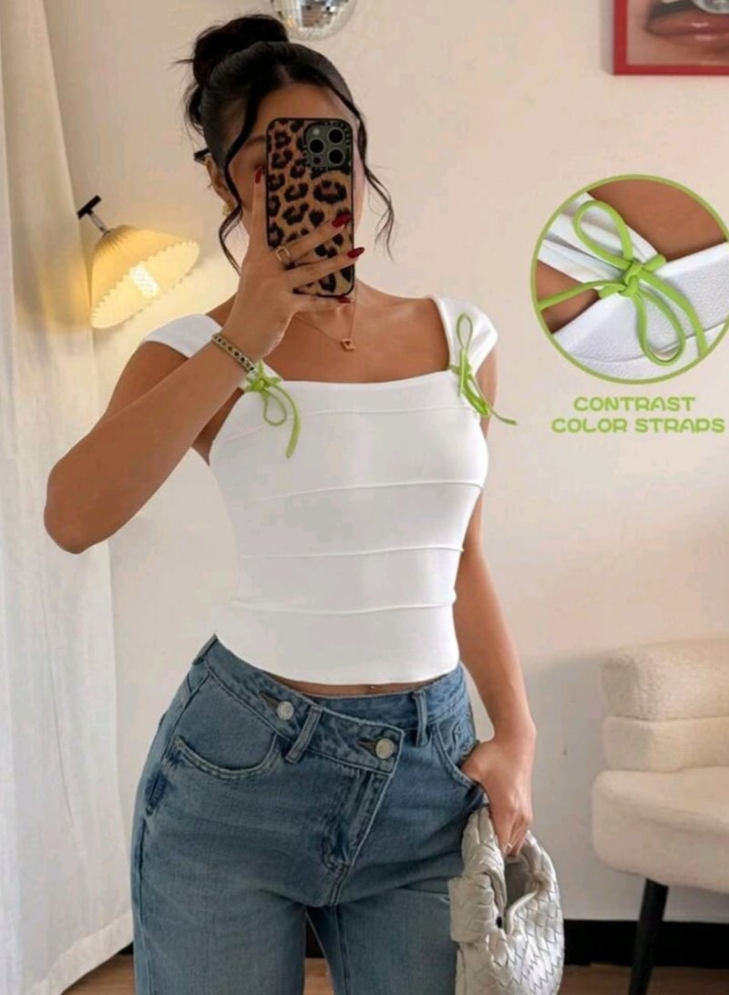 SHEINWomen's Solid Color Textured Bow Contrast-Color Tank Top - Image 3