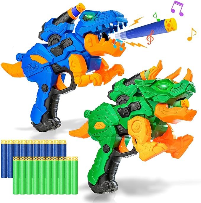 Banvih 2Pack Dinosaur Toy Guns Compatible with Nerf Easter Kids Gifts Easter Basket Stuffers for Toddler Boys Ages 3 4 5 6 7 8 Dino Toy Guns with Light Sound 20 Foam Darts - Image 1