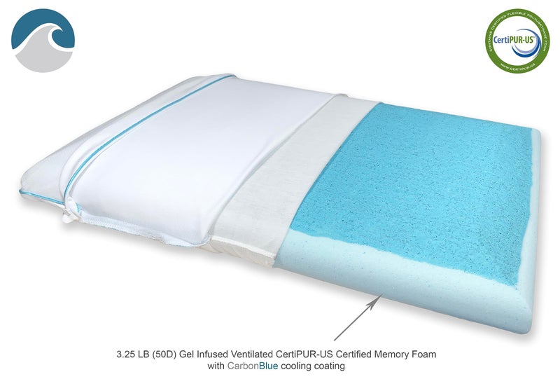 Bluewave Bedding وسادة بلوويف للتنجيد فائق النحافة ماكس كول كربون بلو من هلام الذاكرة للذين ينامون على البطن والظهر - تصميم رقيق ومسطح مع تبريد متقدم (ارتفاع 2.75 بوصة، حجم قياسي) - Image 3