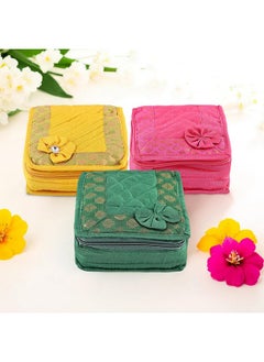 Kuber Industries Kuber Industries Pack of 3 Mini Jewellery Organisers Pouch for Women | 5 Pouches Inside | Earrings & Chain Storage Box | Bow -Yellow, Pink & Green  - Image 1