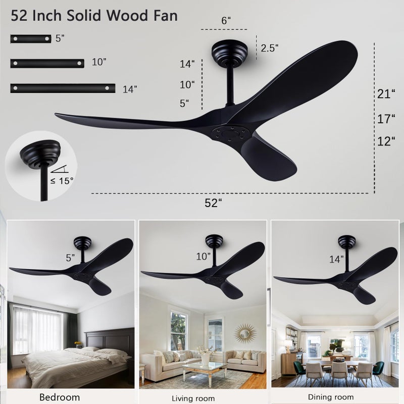 dearnow 52" Ceiling Fans with Remote Control without Light, Modern Reversible DC Motor Indoor Outdoor 3 Blade Ceiling Fan for Patio, Bedroom and Farmhouse (Black) - Image 2