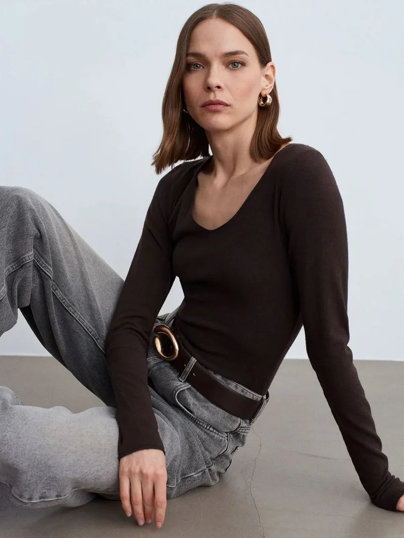 ديلفين Dilvin Slim Fit V-neck Ribbed Knit Sweater