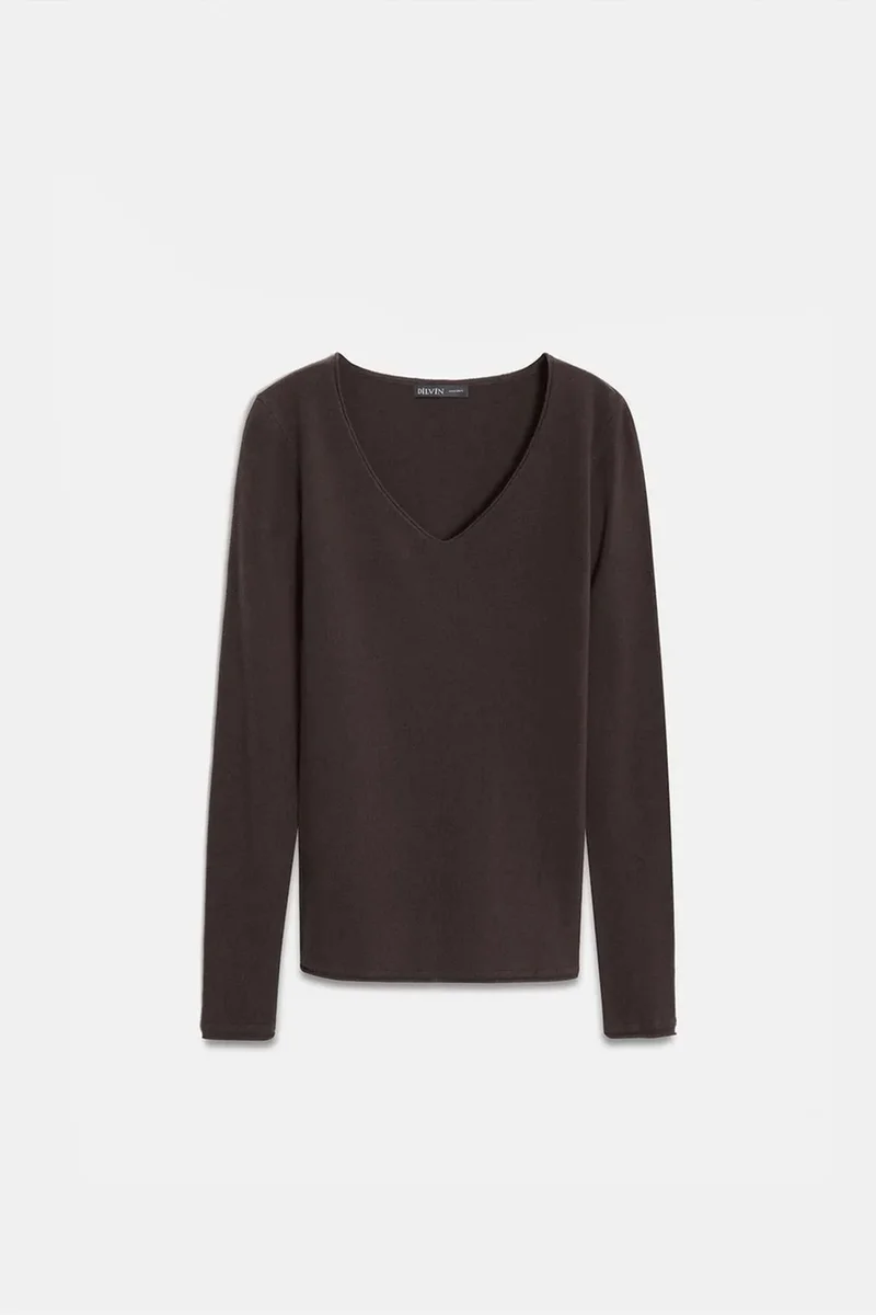 Dilvin Coffee Brown DILVIN Slim Fit V-neck Ribbed Knit Sweater for Women | Best Price UAE