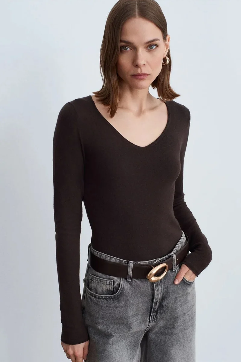 Dilvin Coffee Brown DILVIN Slim Fit V-neck Ribbed Knit Sweater for Women | Best Price UAE