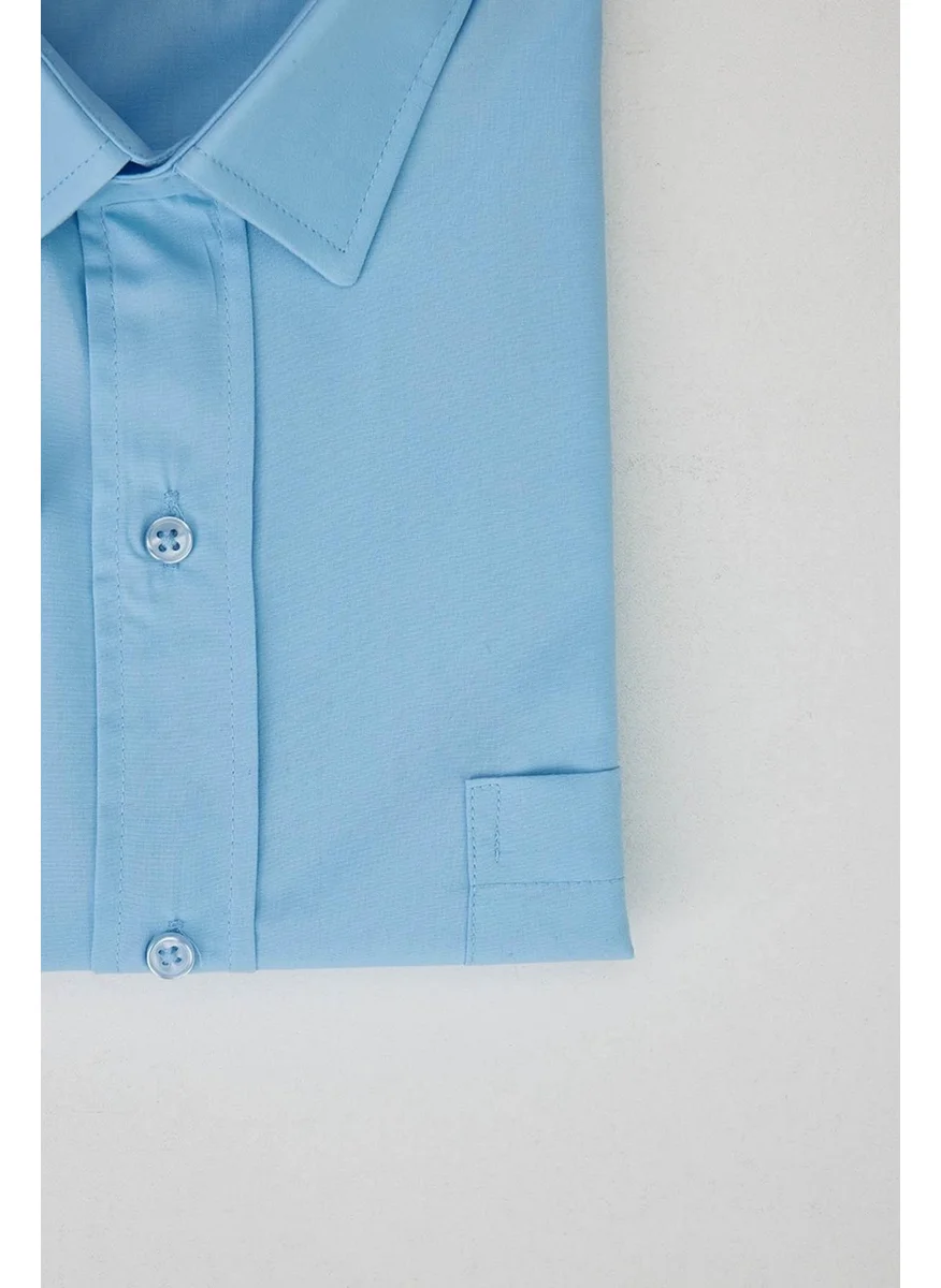 Tudors Plus Size Short Sleeve Plain Tie Holder Easy-Iron Blue Men's Shirt