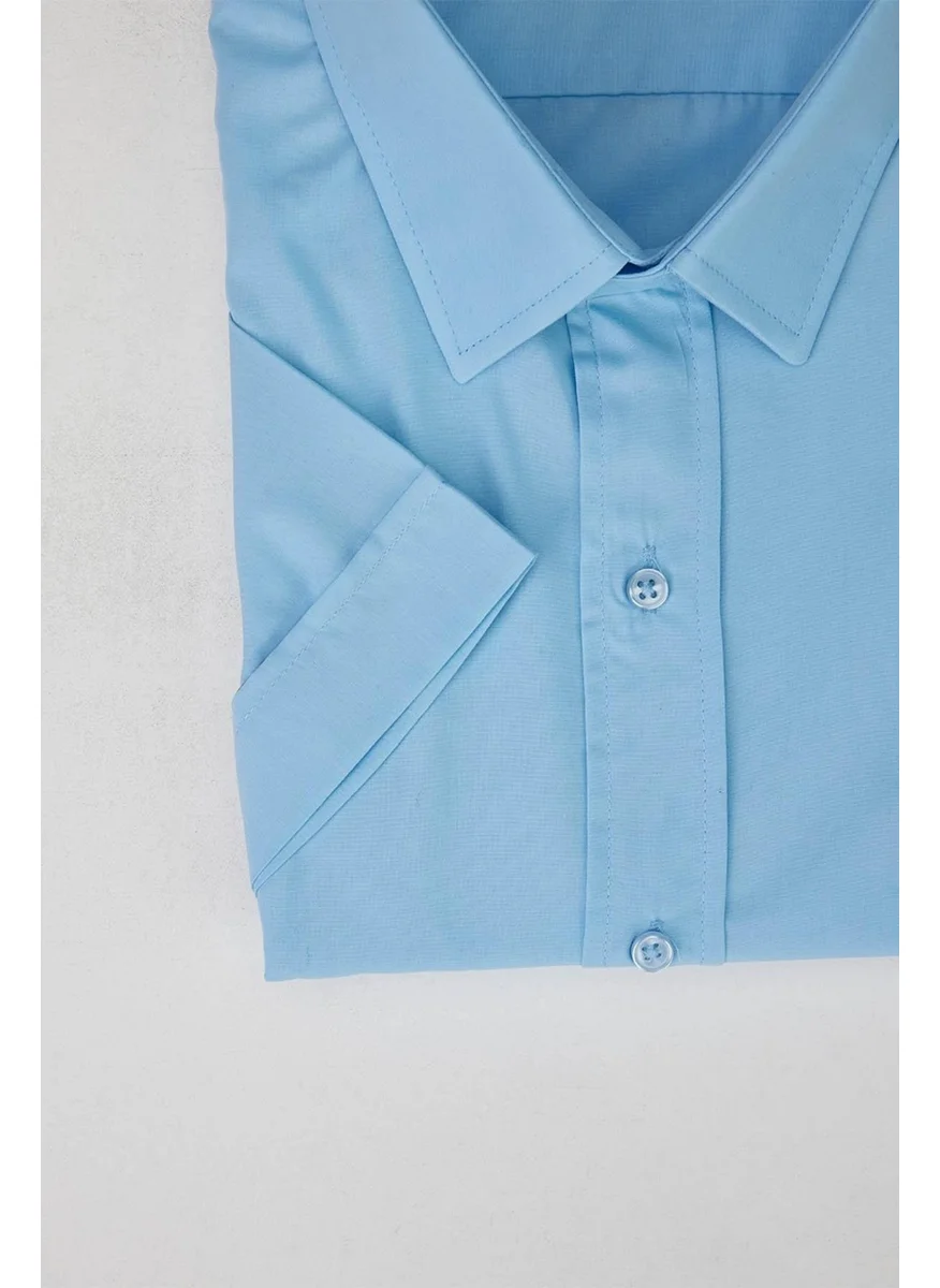 Tudors Plus Size Short Sleeve Plain Tie Holder Easy-Iron Blue Men's Shirt