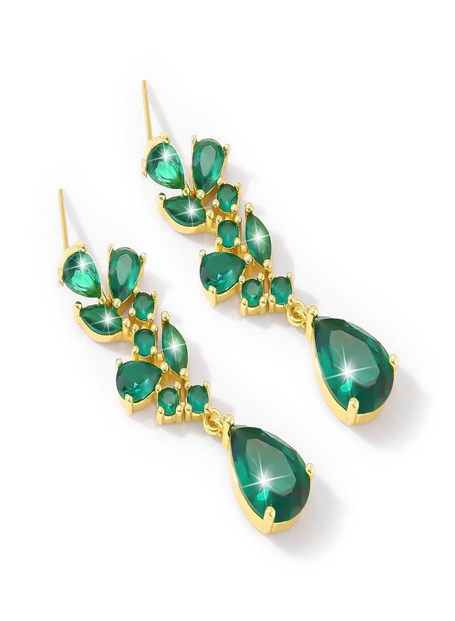 WanBigVa Emerald Green Cubic Zirconia Dangle Earrings,Teardrop Crystal Wedding Bridal Earrings for Brides Birdesmaid Gold Plated Diamond Drop Dangling Earring for Prom Pageant - Image 1