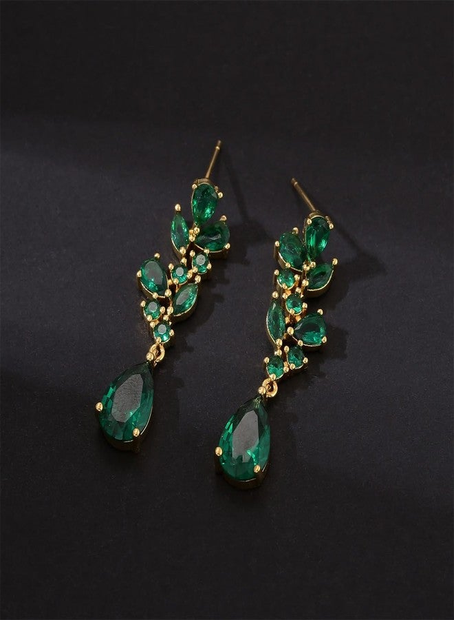 WanBigVa Emerald Green Cubic Zirconia Dangle Earrings,Teardrop Crystal Wedding Bridal Earrings for Brides Birdesmaid Gold Plated Diamond Drop Dangling Earring for Prom Pageant - Image 3