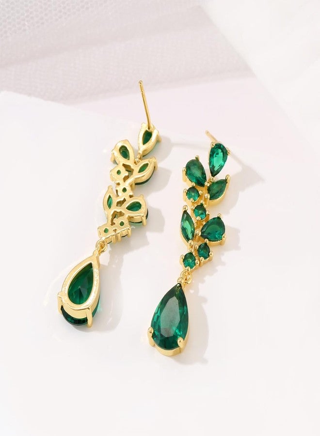 WanBigVa Emerald Green Cubic Zirconia Dangle Earrings,Teardrop Crystal Wedding Bridal Earrings for Brides Birdesmaid Gold Plated Diamond Drop Dangling Earring for Prom Pageant - Image 2