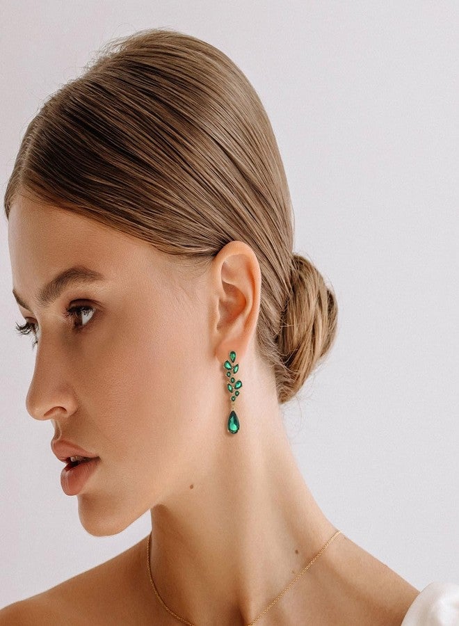 WanBigVa Emerald Green Cubic Zirconia Dangle Earrings,Teardrop Crystal Wedding Bridal Earrings for Brides Birdesmaid Gold Plated Diamond Drop Dangling Earring for Prom Pageant - Image 4