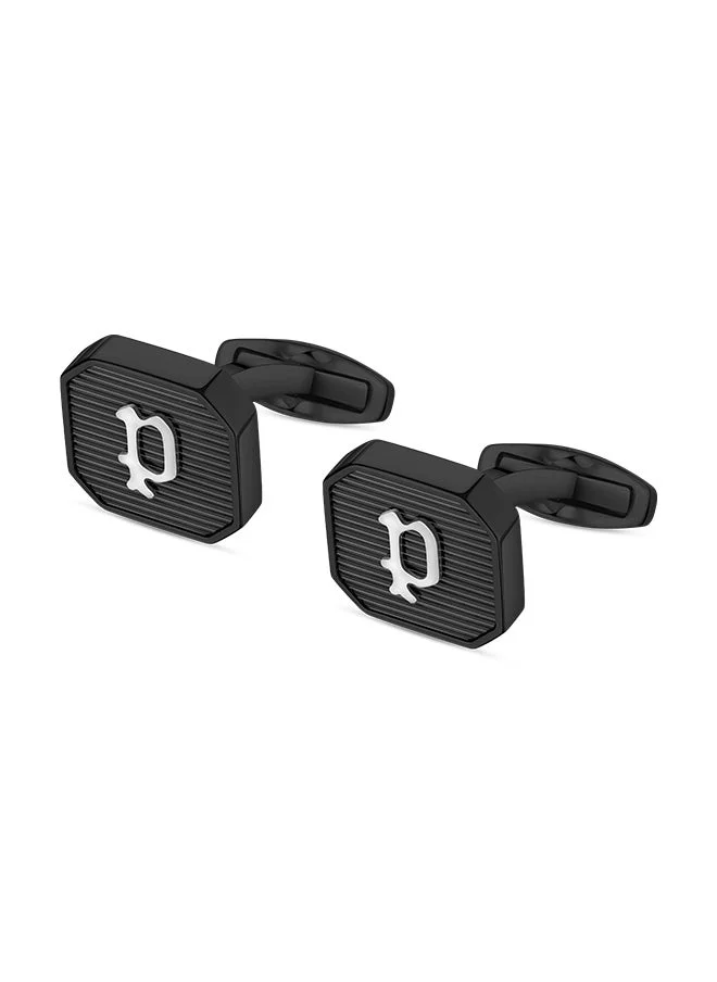بوليس Square Shape Black with Stainless Steel P Logo Cufflinks for Men