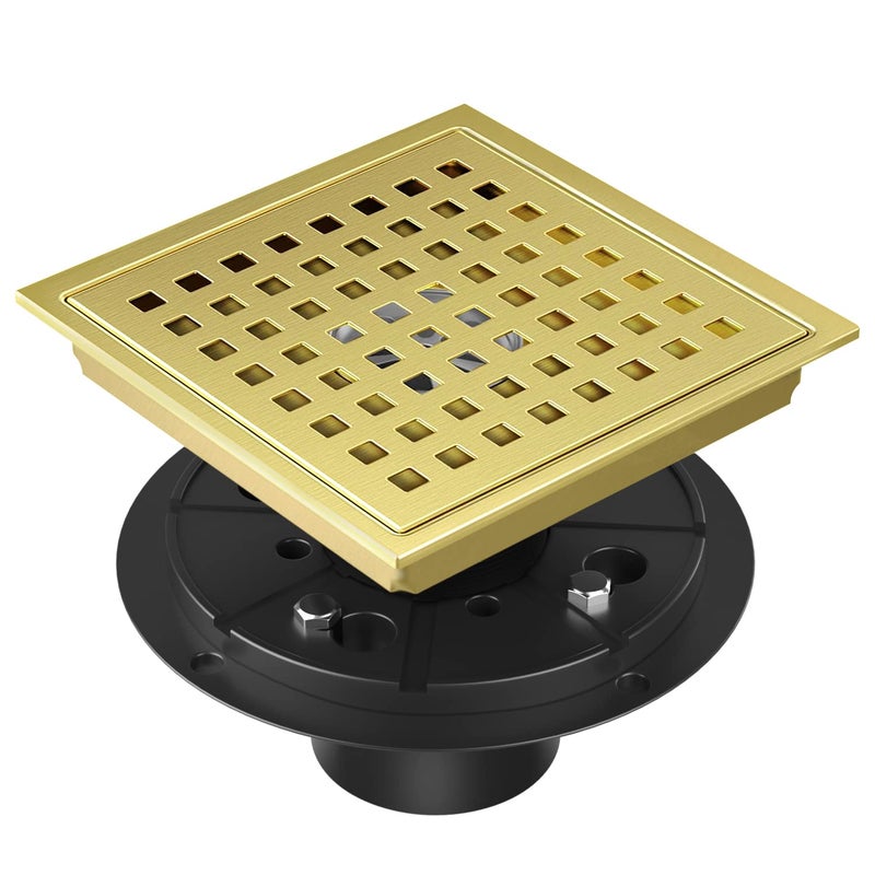 EXF Shower Drain 6 Inch Brushed Gold Stainless Steel Square Shower Floor Drain Kit with ABS Flange Removable Cover Grid Grate Hair Strainer