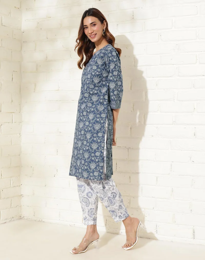 Fabindia Indigo Cotton Hand Block Printed Knee Length kurta