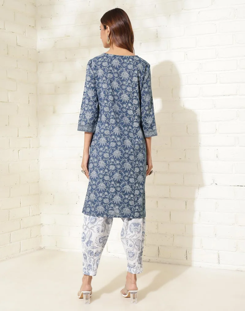 Fabindia Indigo Cotton Hand Block Printed Knee Length kurta