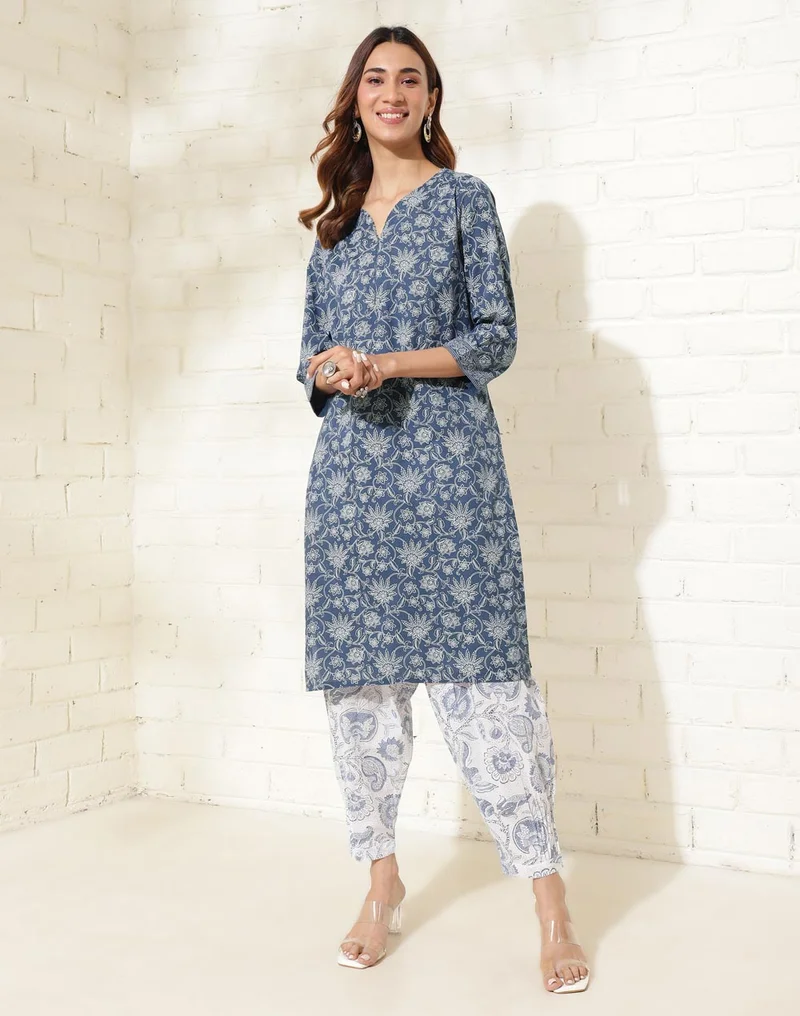 Fabindia Indigo Cotton Hand Block Printed Knee Length kurta
