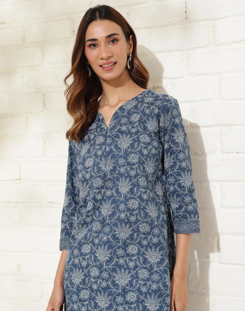 Fabindia Indigo Cotton Hand Block Printed Knee Length kurta