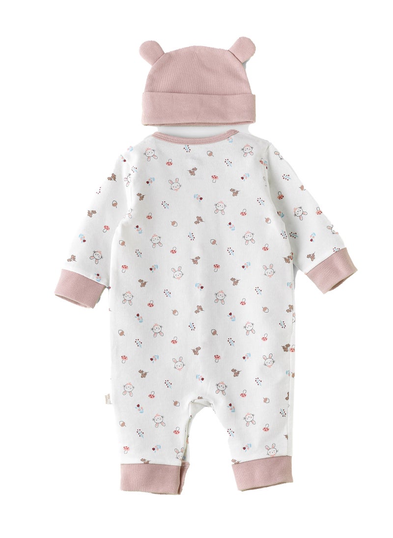 Elegant Kids Baby White Onesie with Bunny Print and Hat  - Image 2
