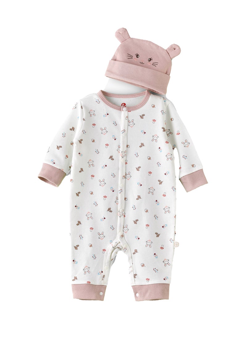 Elegant Kids Baby White Onesie with Bunny Print and Hat  - Image 1