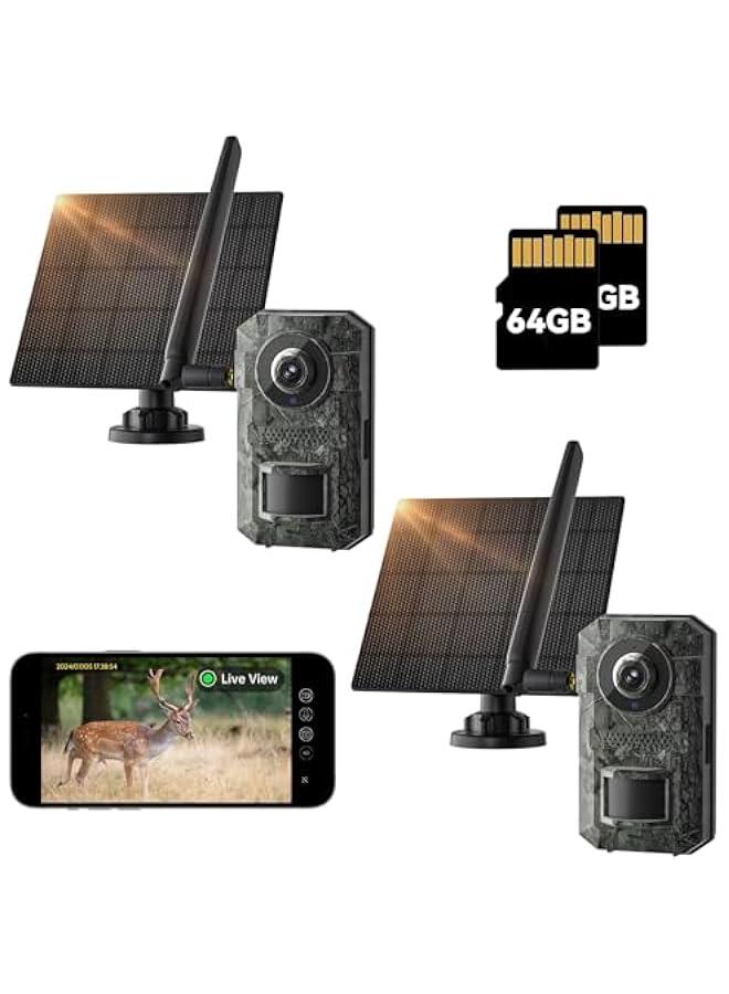 Arabest Trail Camera 2 Pack, 2k HD Live Cellular Trail Cameras, Built-In Sim Card,With 64g Memory Card,Game Camera Solar Powered, PIR Motion Activated 0.1s Trigger Time, IP66 Waterproof , with Night Vision - Image 1