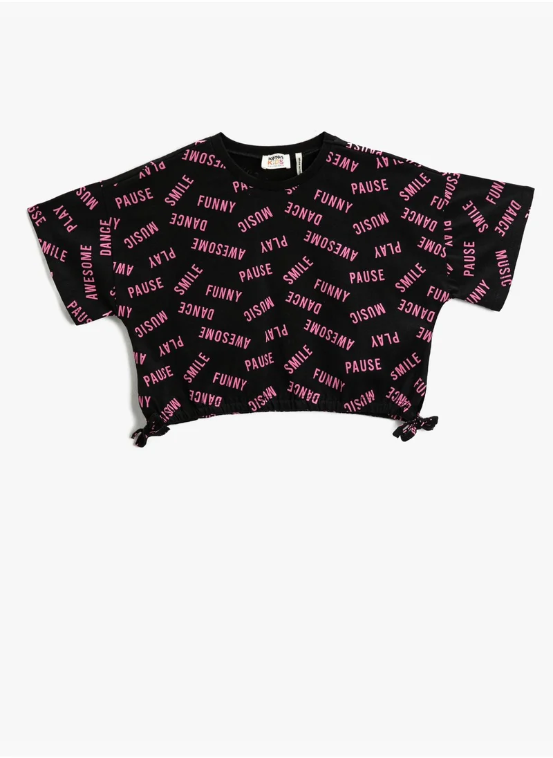 كوتون Crop Oversized T-Shirt Printed Side Bowtie Detail  Crew Neck