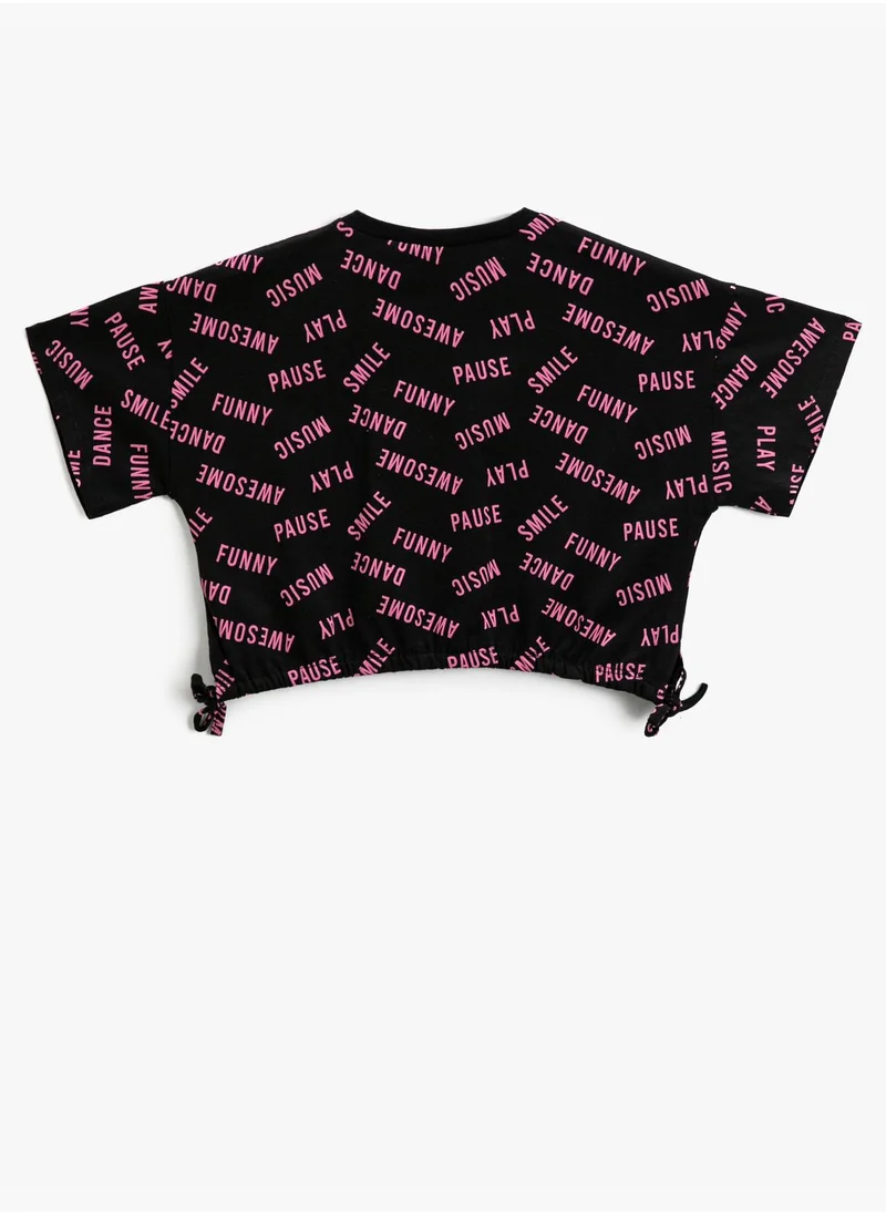 كوتون Crop Oversized T-Shirt Printed Side Bowtie Detail  Crew Neck