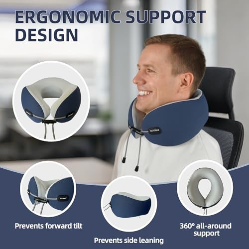 SKYTRAX COMF Premium Ergonomic Memory Foam Travel Neck Pillow Washable Cooling Ice Silk Cover Firm Neck Support for Airplane Long Flights Pain Relief with Portable Carry Case Navy Blue - Image 3