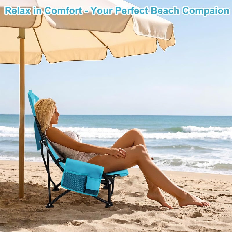 Oileus Folding Portable Beach Chair, Lightweight High Back Low Seat for Tent & Shelter & Camping, Full Mesh Back, Cup Holder, Storage/Carry Bag, Armrest - 1 Pcs - Image 4