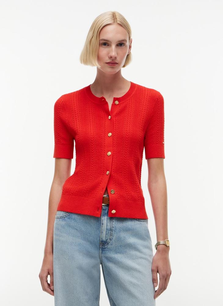 TOMMY HILFIGER Pointelle Gold-Tone Button Short Sleeve Cardigan - Image 1