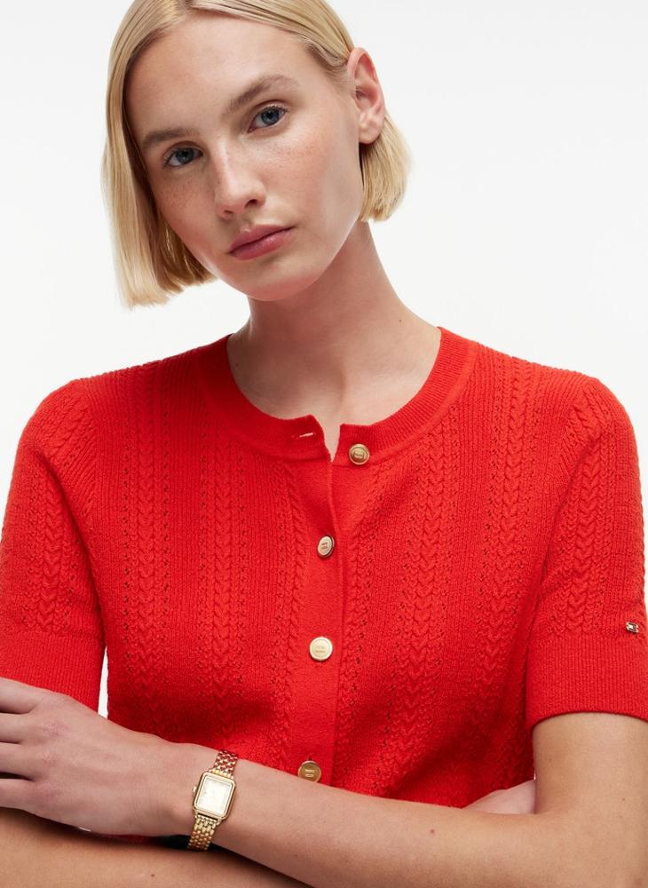 TOMMY HILFIGER Pointelle Gold-Tone Button Short Sleeve Cardigan - Image 3