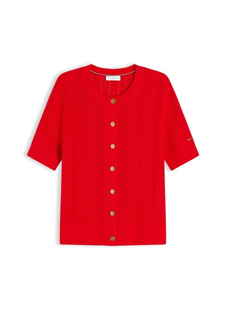 TOMMY HILFIGER Pointelle Gold-Tone Button Short Sleeve Cardigan - Image 5