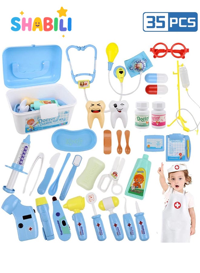 شبيلي طقم طبيب لعب للأطفال ٣٥ قطعة بأدوات ضوء وصوت مع بطاريات زر مدمجة وحقيبة حمل زرقاء ومعطف وقبعة، لعبة تقمّص أدوار هدية للأولاد والبنات عمر ٣+ - Image 1