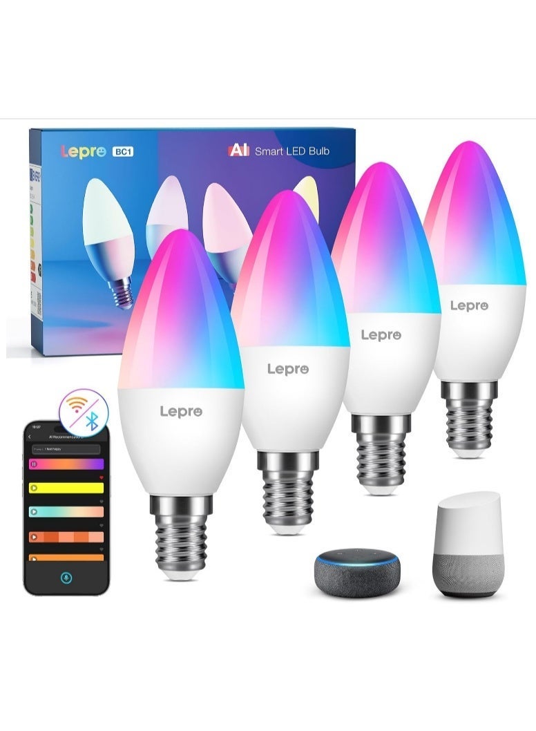 Lepro BC1 AI Smart Candle Bulb E14, Bluetooth & WiFi Smart Bulb C37 Dimmable, Works with  Google Assistant, Personalized AI Lighting Designer, Music Sync, Colour Changing Lightbulb 5W, - Image 1