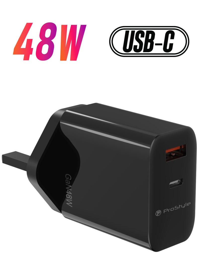 Prostyle 48W Fast Charger, GaN USB-A and Type-C Charger for Samsung S24, S23, iPhone 16 Series, iPad, MacBook, Steam Deck, and More - Black  - Image 1