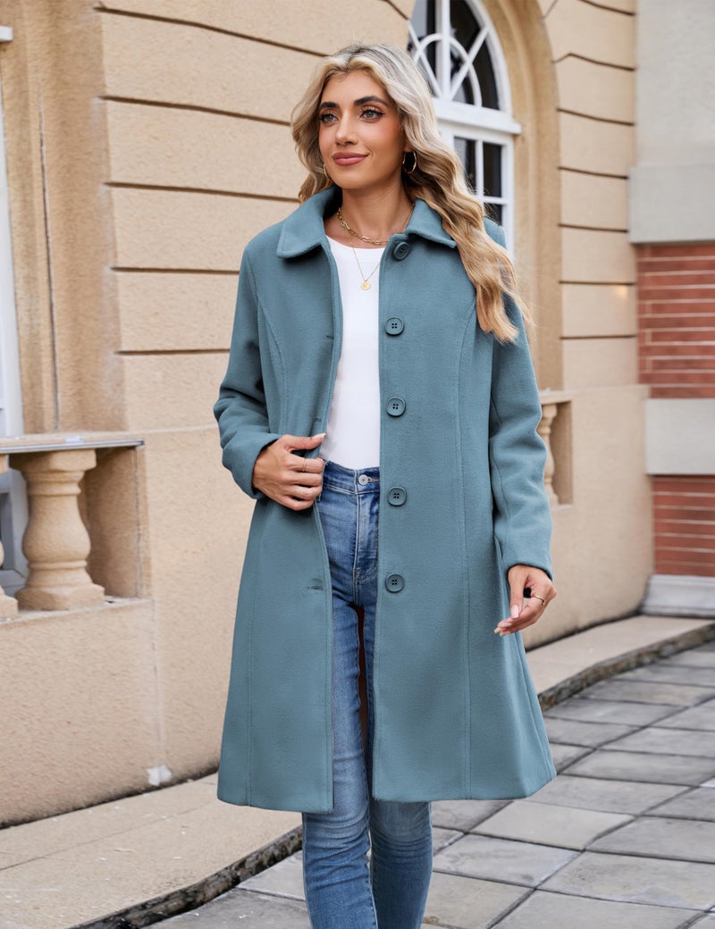 UANEO Womens Pea Coat Faux Wool Single Breasted Long Trench Coat Peacoat Dress Coat Winter (DustyBlue-M) - Image 3