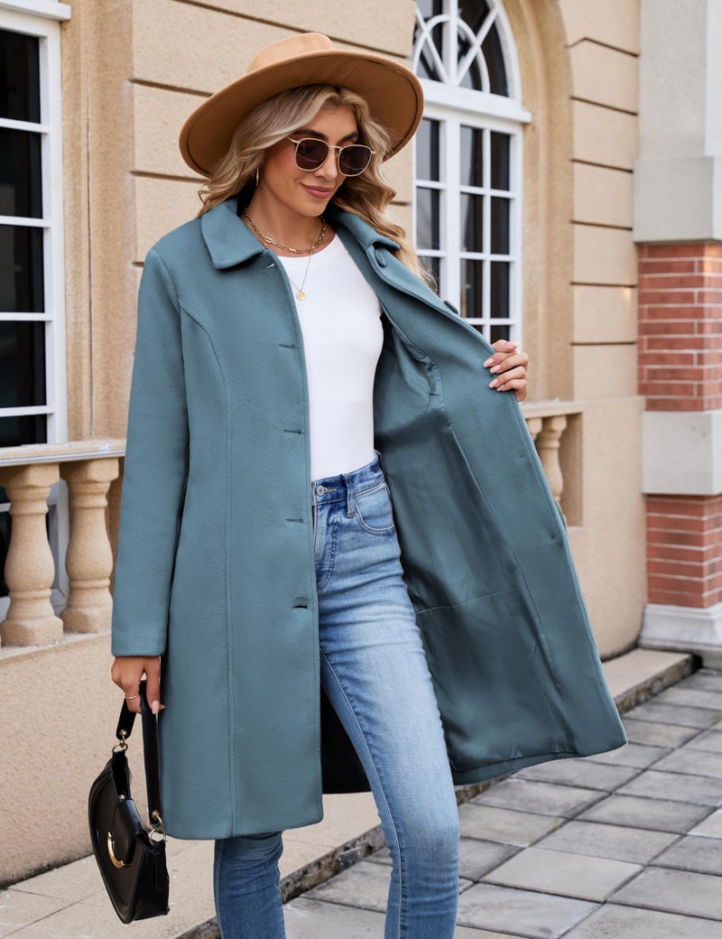 UANEO Womens Pea Coat Faux Wool Single Breasted Long Trench Coat Peacoat Dress Coat Winter (DustyBlue-M) - Image 4