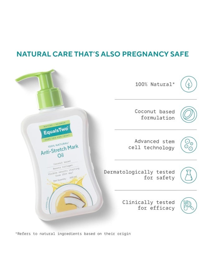 EQUALSTWO by Zydus Anti Stretch Mark Oil, 200ml, 100% Natural Stretch Marks Oil for Pregnancy, Enriched with Flex Seeds & Oat Oil to Lighten Scars, Dermatologically Tested, No Paraben No Sulphate (Pack of 1) - Image 2