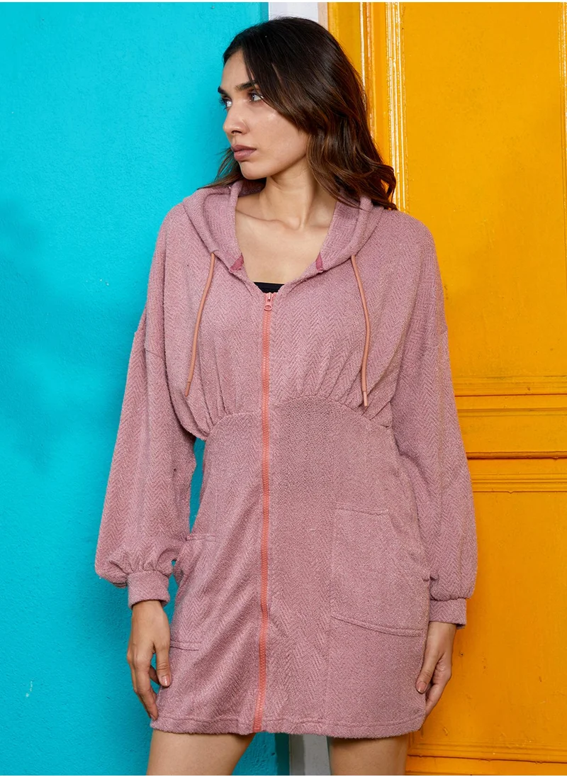Campus Sutra Women's Rouge Pink Chevron Hoodie Dress